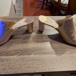 Jimmy Choo Myla Mule shoe. Metallic light pink with gold studs